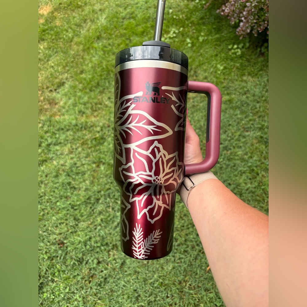 40oz Custom Engraved Etched Genuine Stanley with Poinsettias. Rosewood Glow.